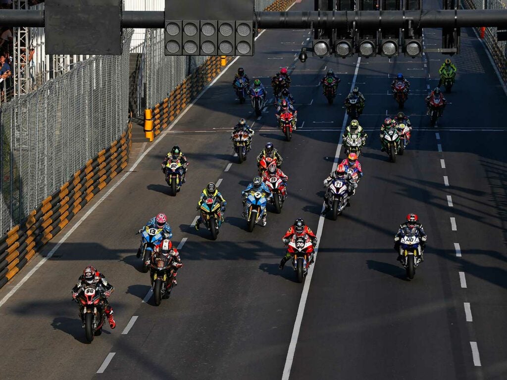 The thrilling start of the 2019 Macau GP motorcycle street road race.